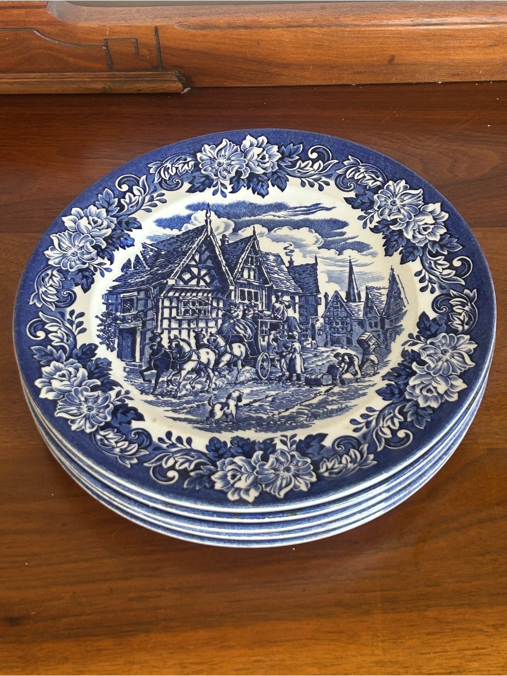 Vintage English Ironstone Dickens Series Dinner Plates Blue & White - Set of 5